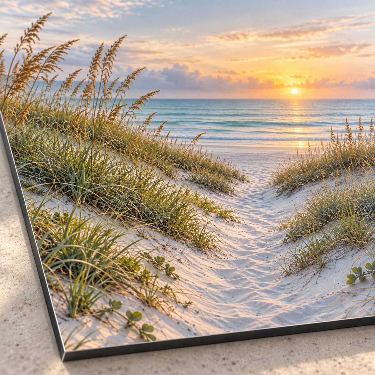 Coastal Beach Path Metal Wall Art — macro detail of the UV-printed aluminum surface