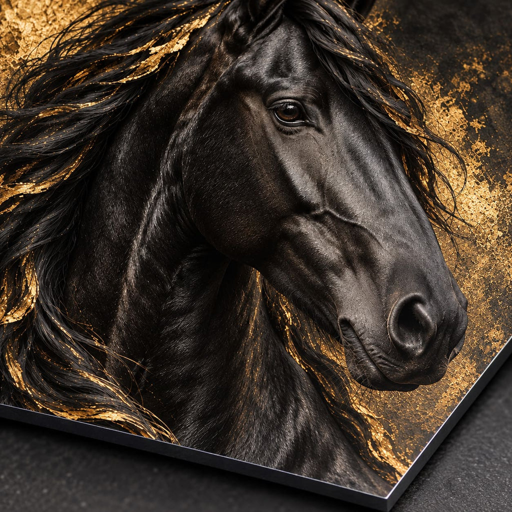 Black and Gold Horse Wall Art on Metal — macro detail of the UV-printed aluminum surface