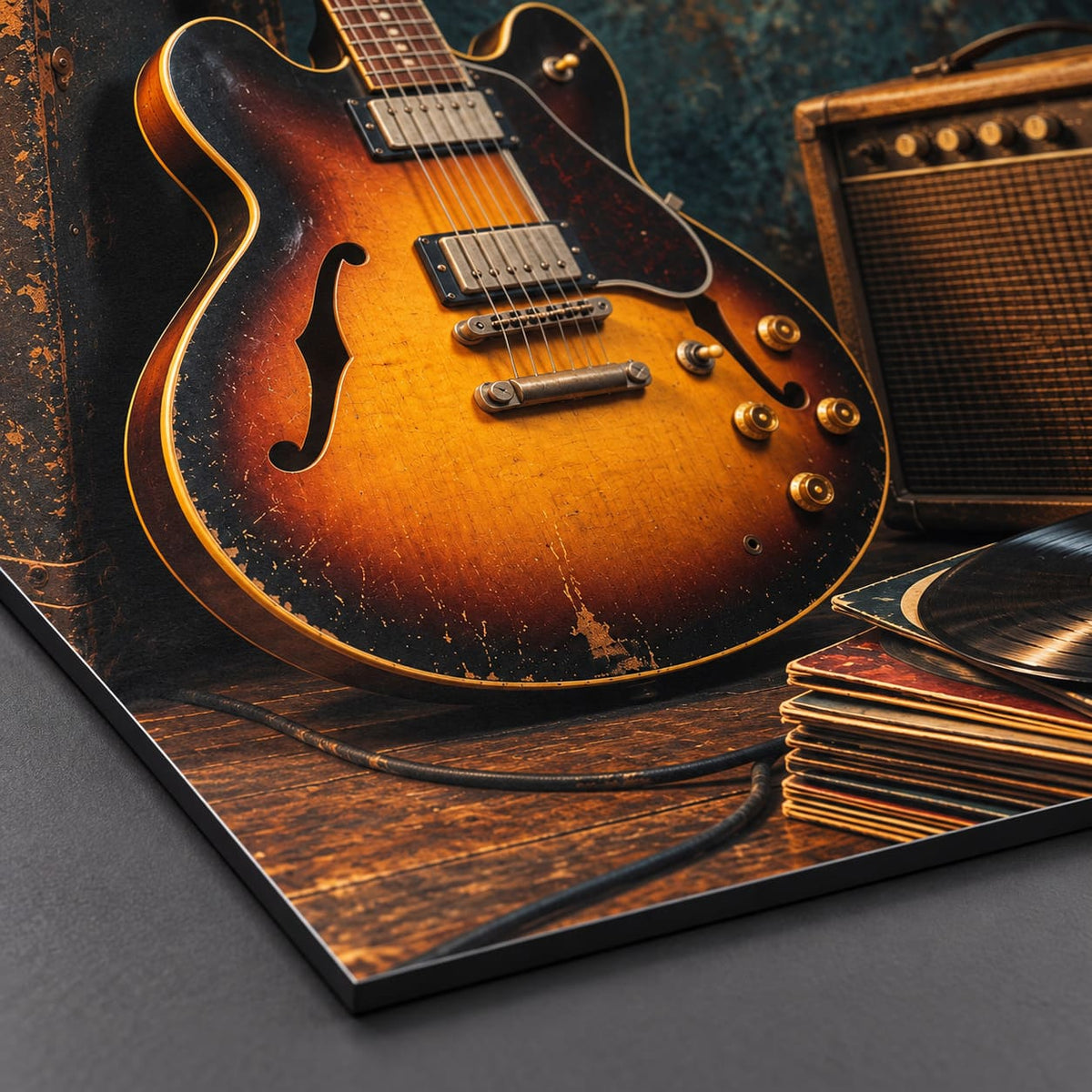 Vintage Guitar and Vinyl Music Metal Wall Art — macro detail of the UV-printed aluminum surface