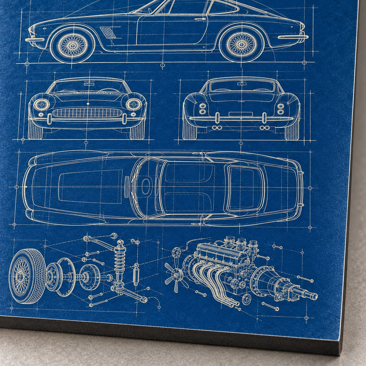 Classic Sports Car Blueprint Metal Wall Art — macro detail of the UV-printed aluminum surface