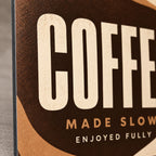 Modern Coffee Kitchen Wall Art on Metal — macro detail of the UV-printed aluminum surface