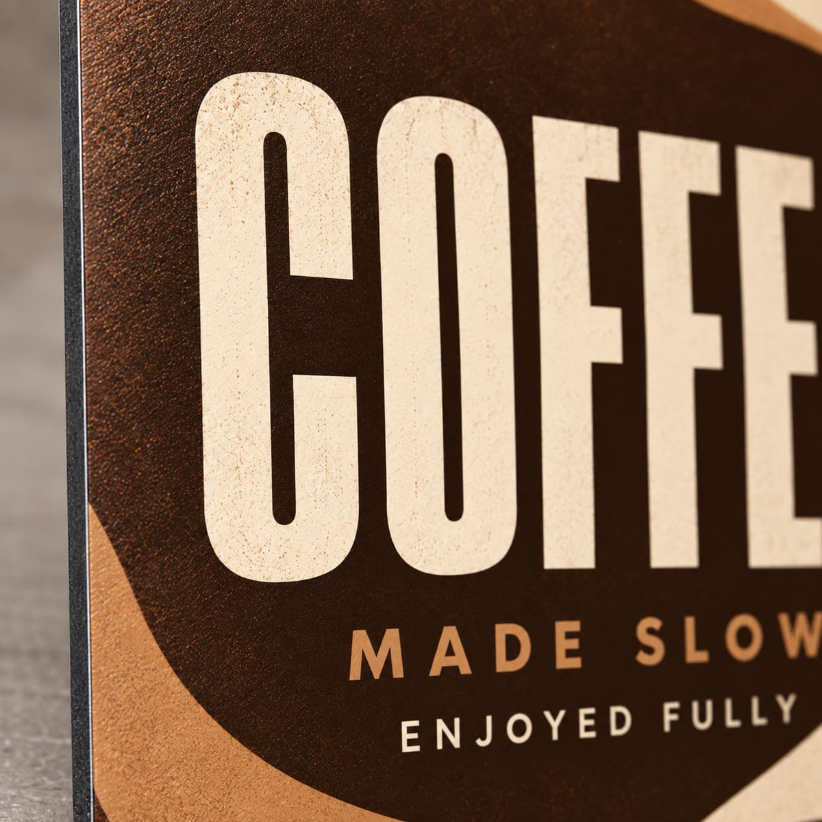 Modern Coffee Kitchen Wall Art on Metal — macro detail of the UV-printed aluminum surface