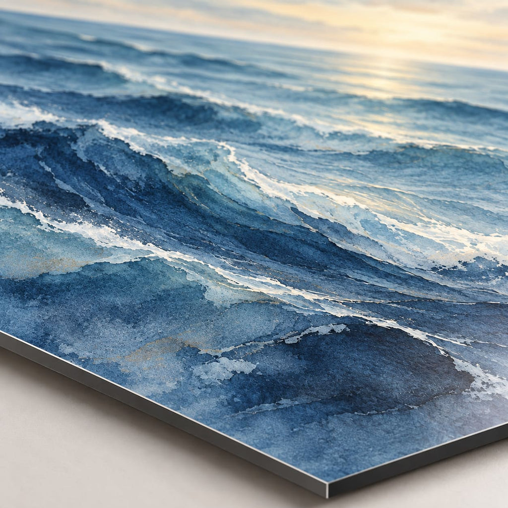 Bathroom Wall Art – Minimal Ocean Waves Metal Print — macro detail of the UV-printed aluminum surface