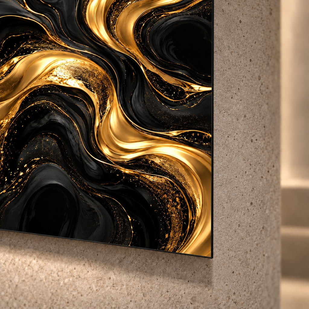 Midnight Gold Currents Abstract Metal Wall Art — macro detail of the UV-printed aluminum surface