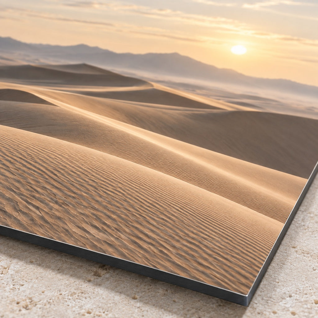 Neutral Desert Horizon Landscape Metal Wall Art — macro detail of the UV-printed aluminum surface