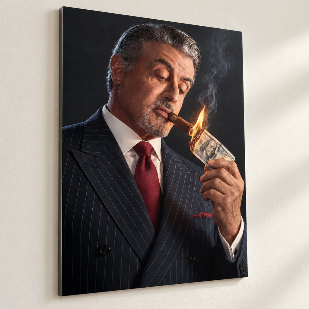 Sylvester Stallone Cigar Poster on Metal, Dark Portrait Wall Art