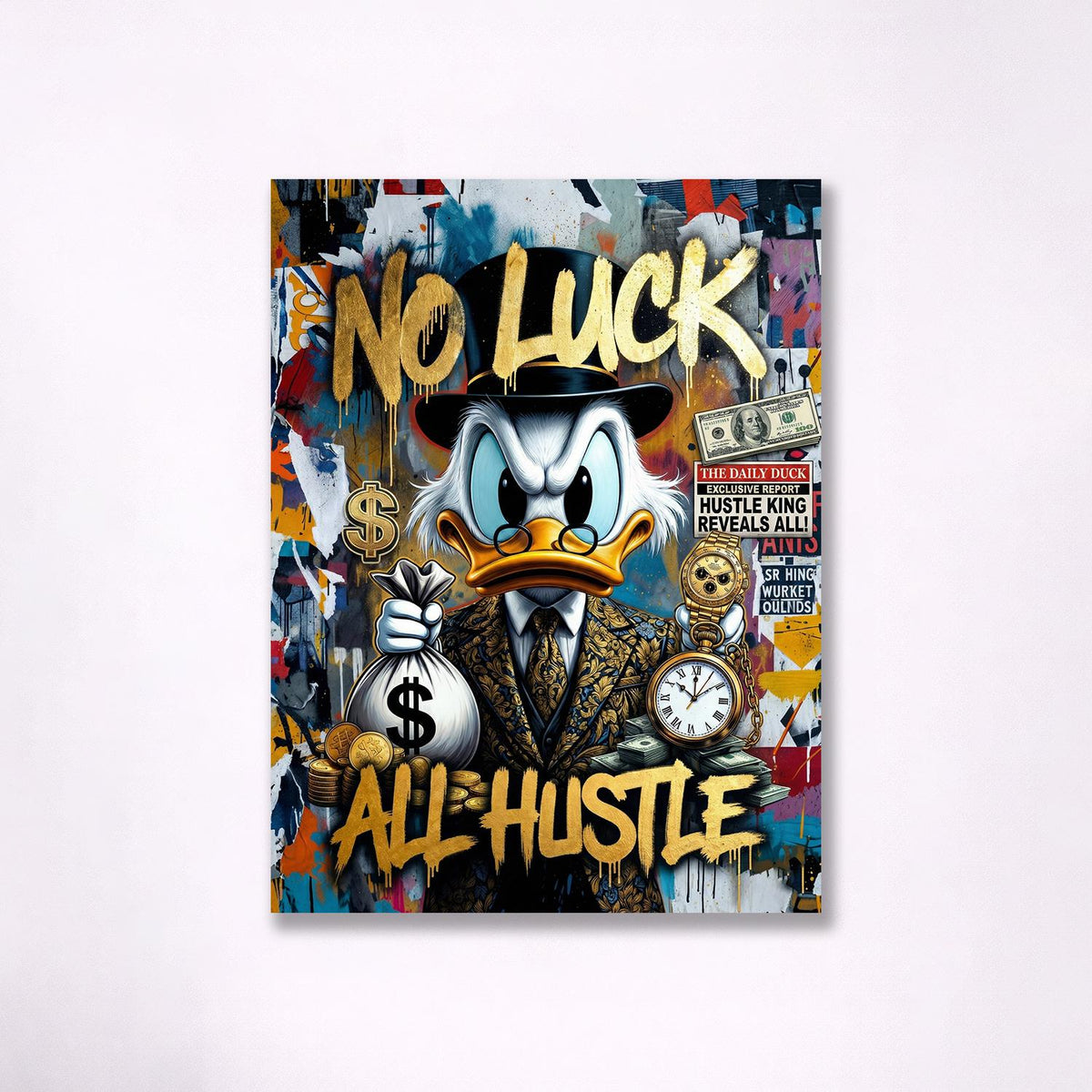 No Luck All Hustle Scrooge McDuck Metal Wall Art – premium aluminum metal wall art, product image 3