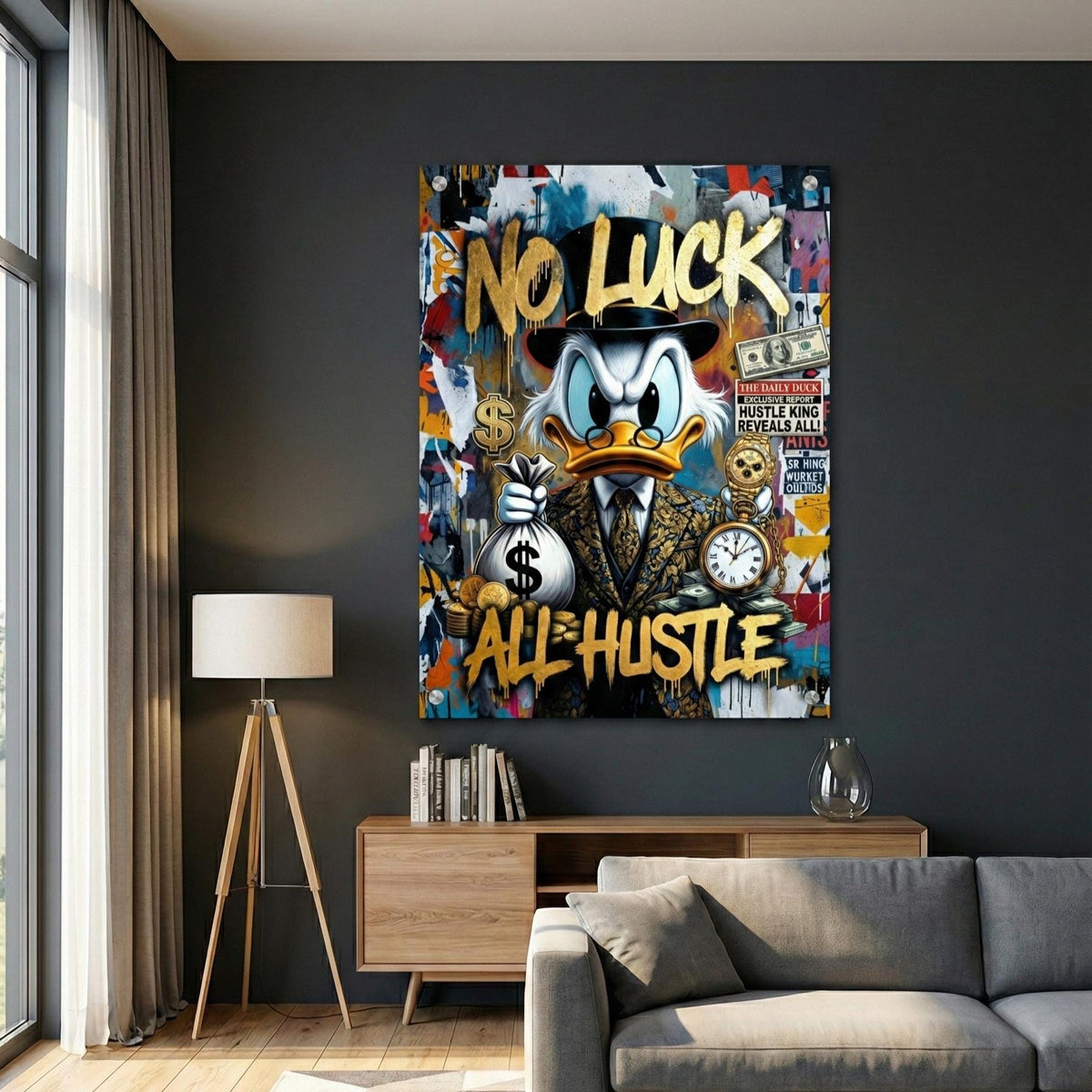 No Luck All Hustle Scrooge McDuck Metal Wall Art – premium aluminum metal wall art, product image 2