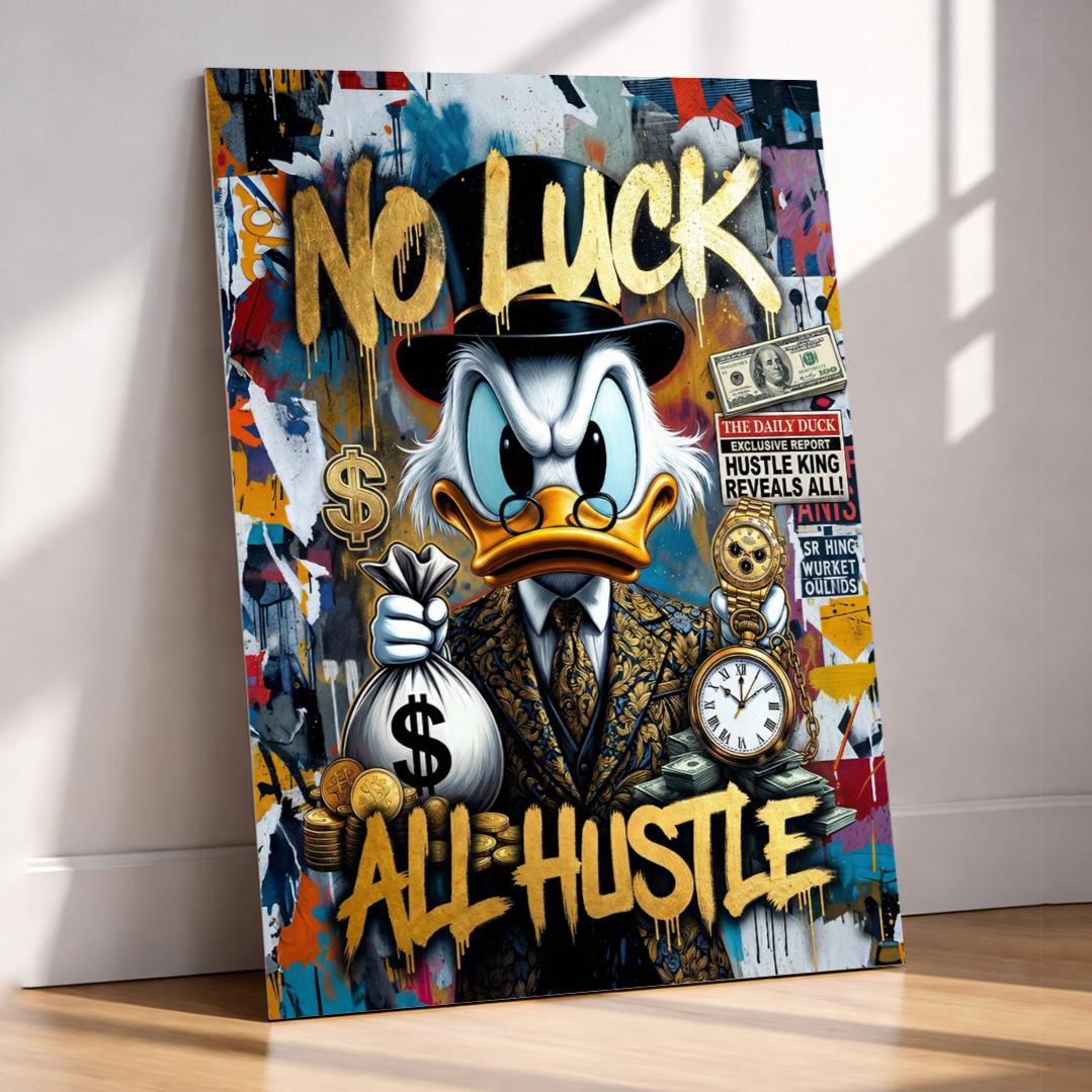 No Luck All Hustle Scrooge McDuck Metal Wall Art – premium aluminum metal wall art, product image 1