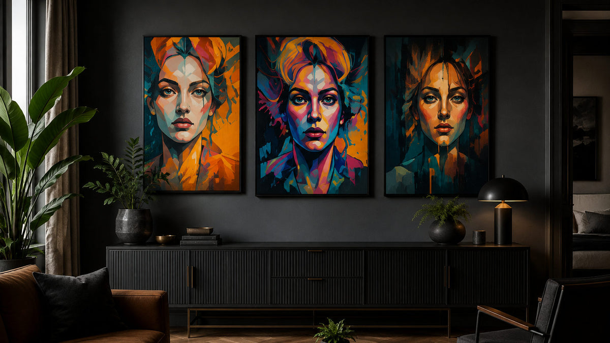 Dark modern living room with colorful gallery wall