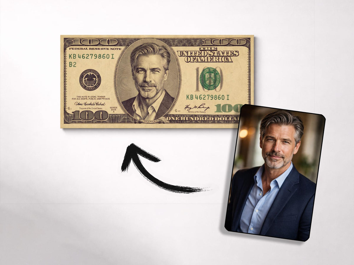 Retrato personalizado tipo billete en metal desde tu foto – arte mural premium de aluminio, imagen del producto 7