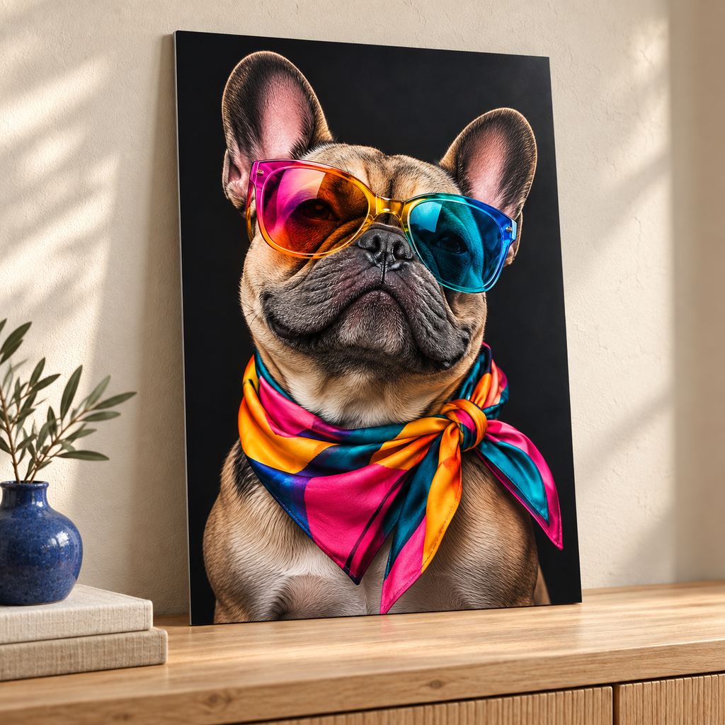Funny French Bulldog Metal Wall Art displayed in a styled interior