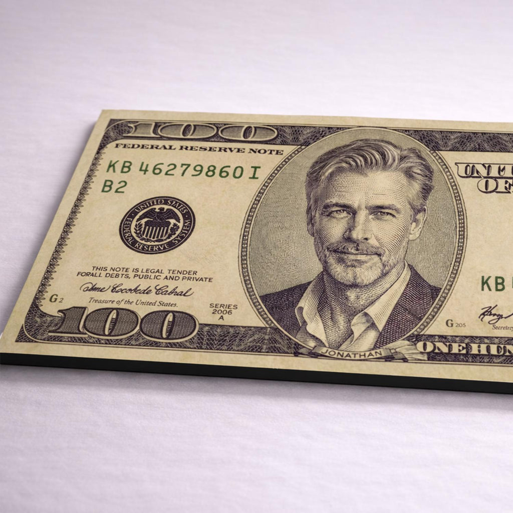 Retrato personalizado tipo billete en metal desde tu foto – arte mural premium de aluminio, imagen del producto 6