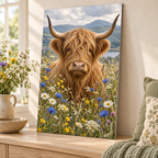 Highland Cow with Wildflowers Metal Wall Art — featured view in a styled interior