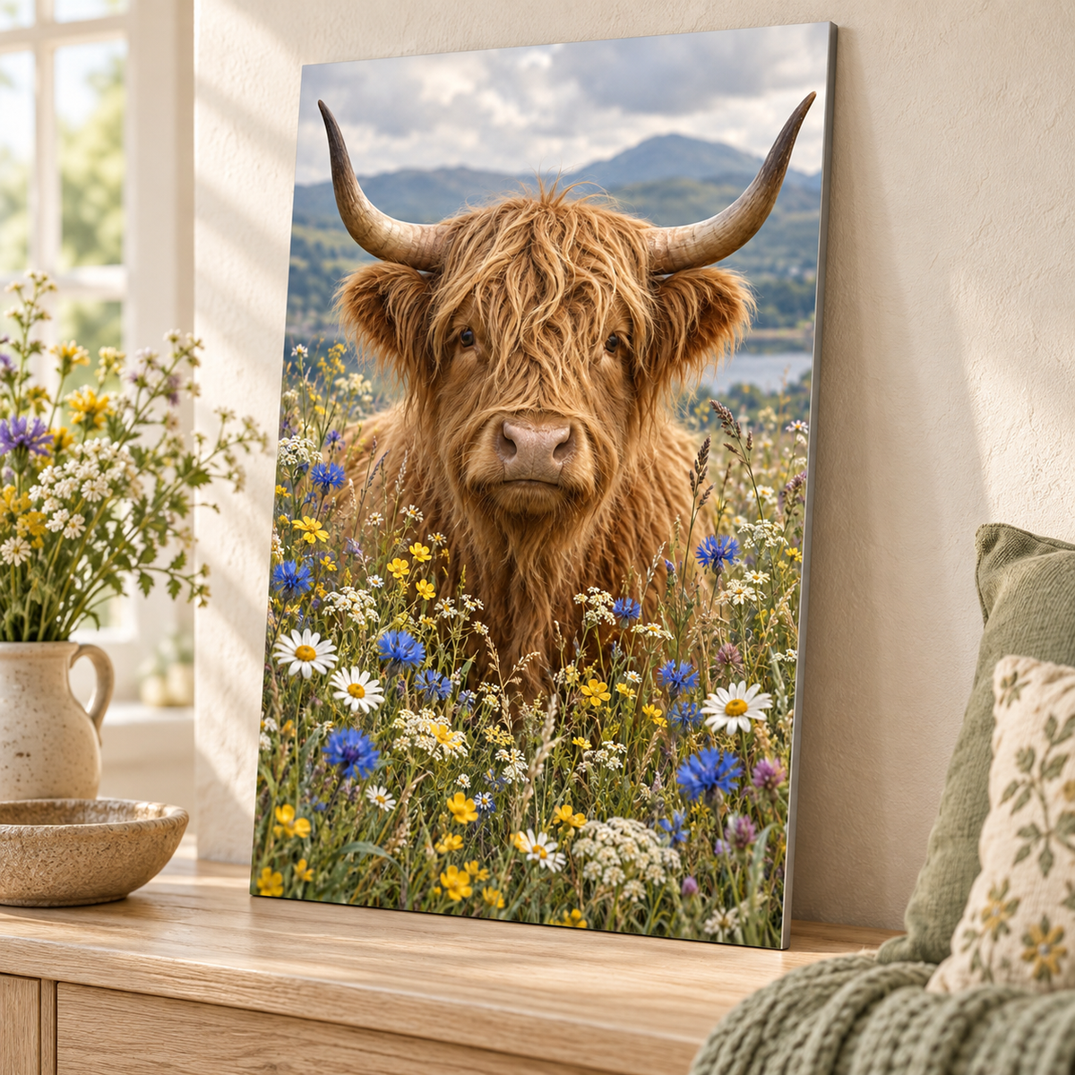 Highland Cow with Wildflowers Metal Wall Art — featured view in a styled interior