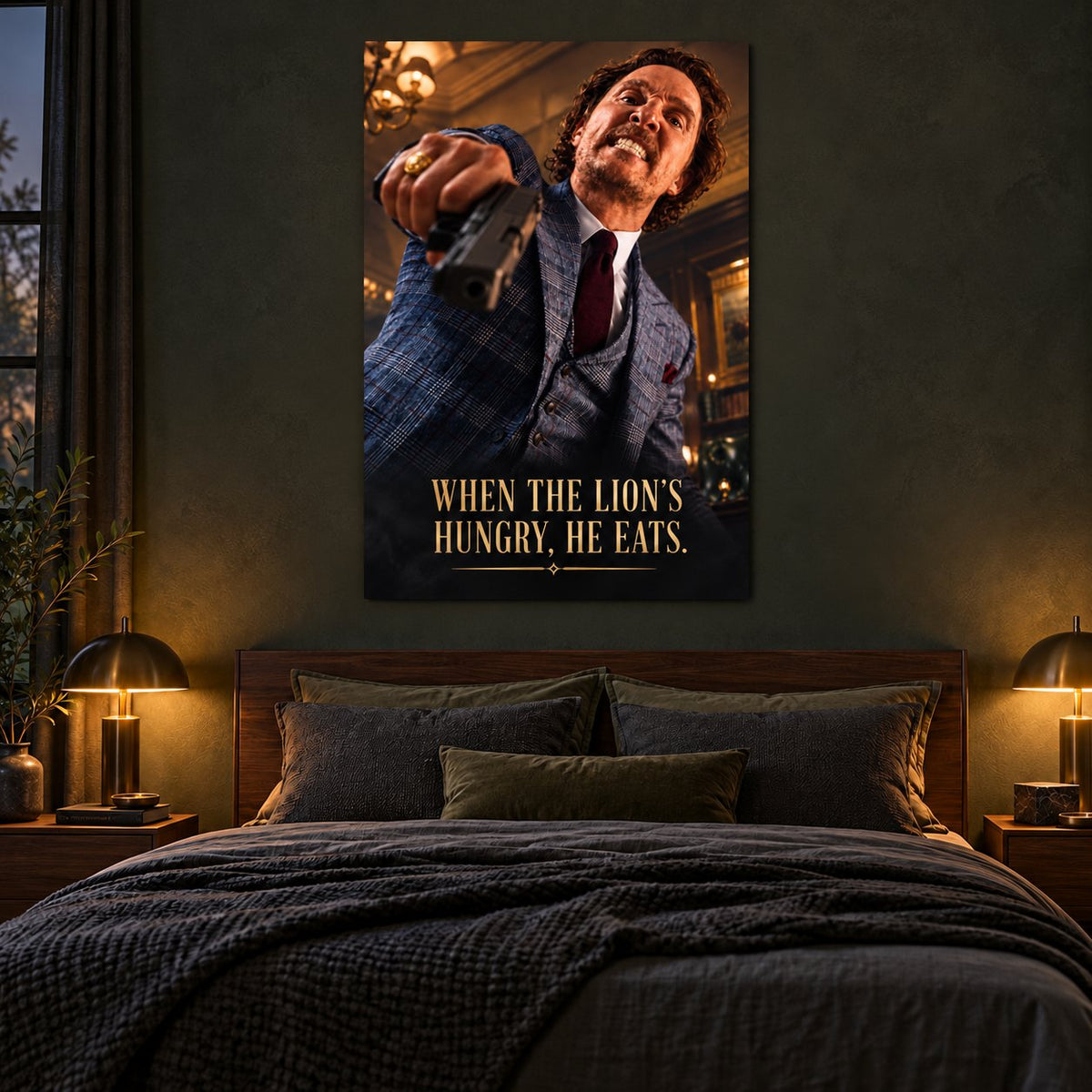 Motivational gangster quote metal wall art above a dark bedroom