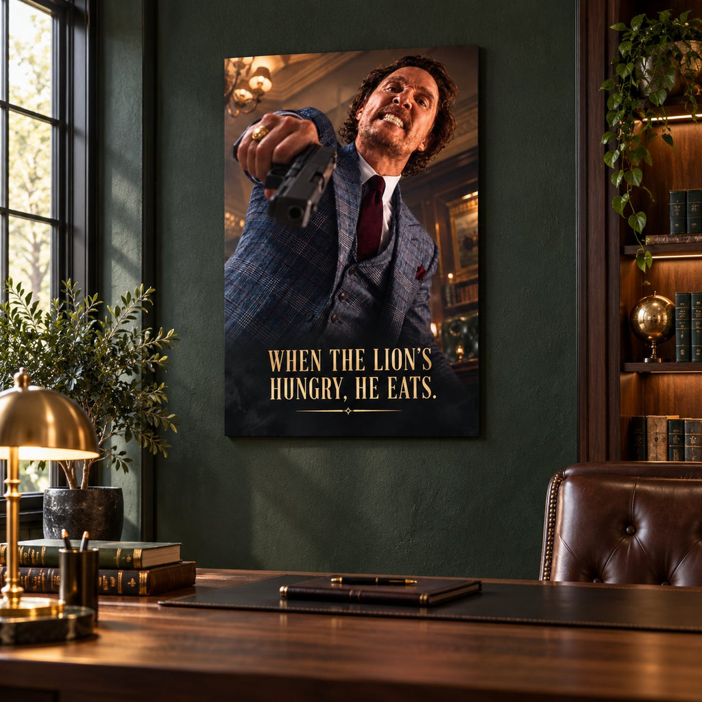 Cinematic gangster quote aluminum print displayed in an executive study
