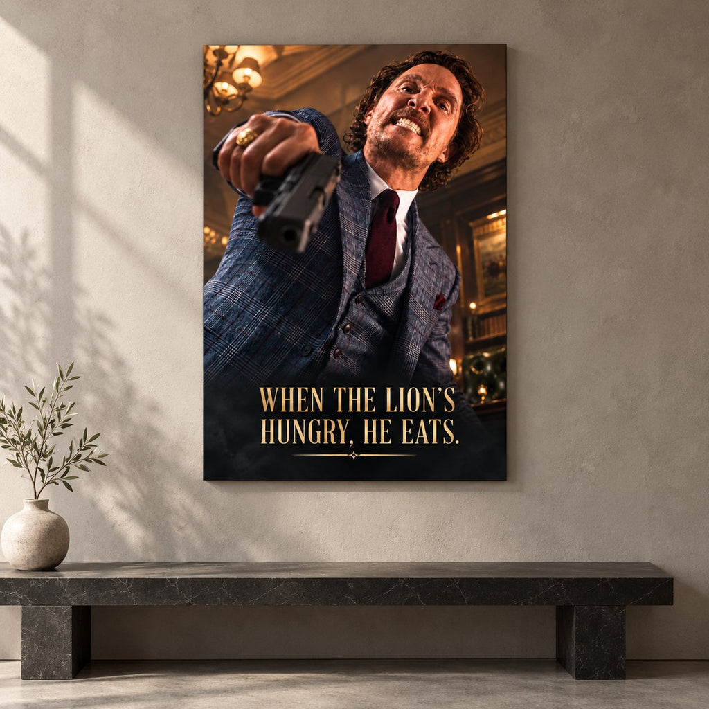 Frameless cinematic quote metal print in a minimalist gallery