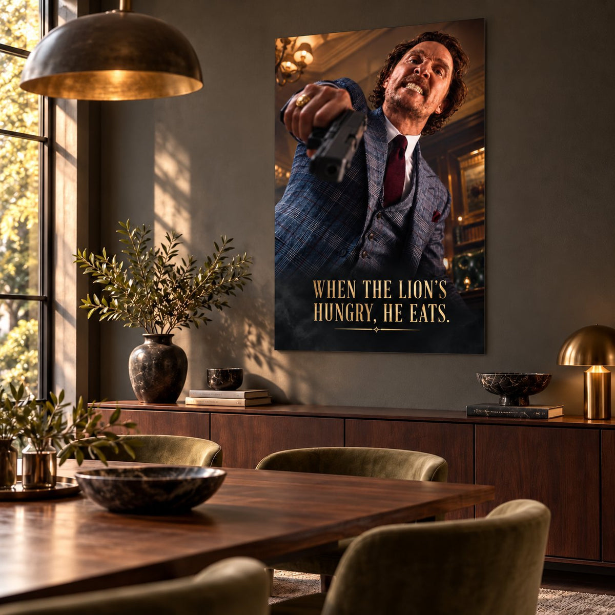 Cinematic movie-inspired metal wall art in a private dining room