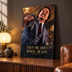 Cinematic gangster quote metal wall art displayed on a walnut console