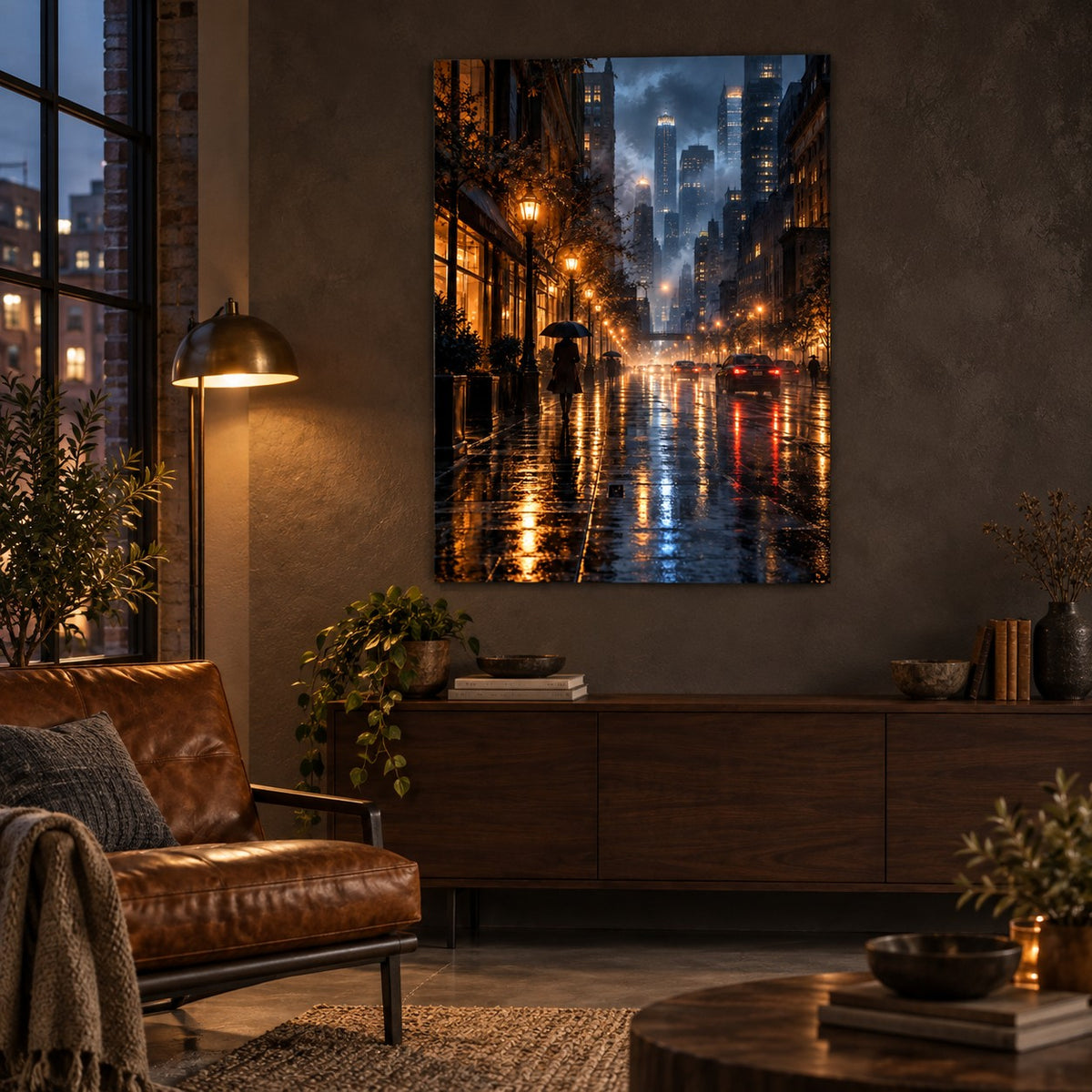 Rainy City Night Landscape Metal Wall Art — urban loft living room