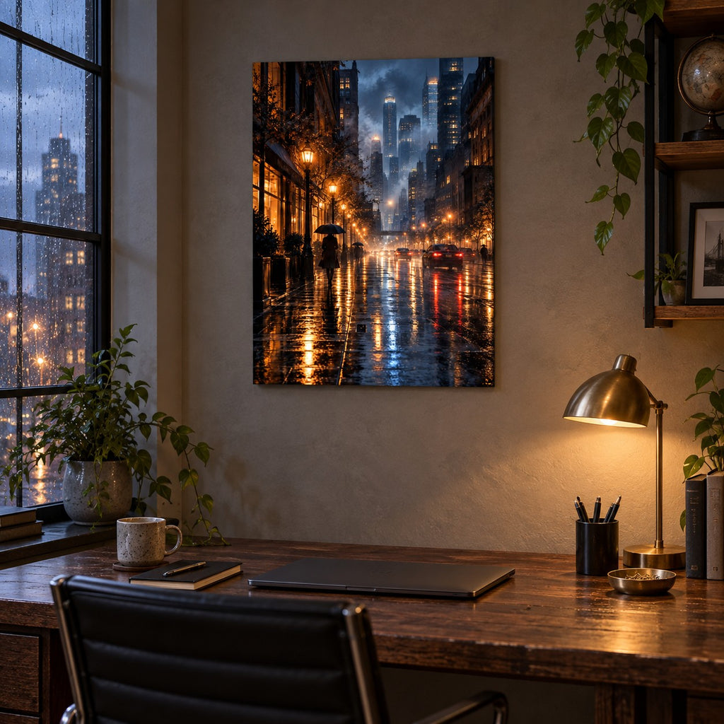 Rainy City Night Landscape Metal Wall Art — rainy home office