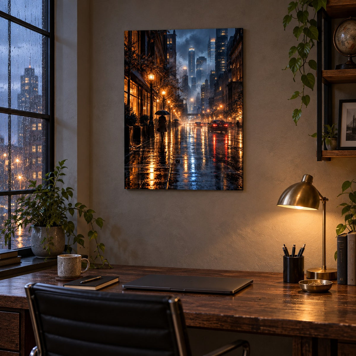 Rainy City Night Landscape Metal Wall Art — rainy home office