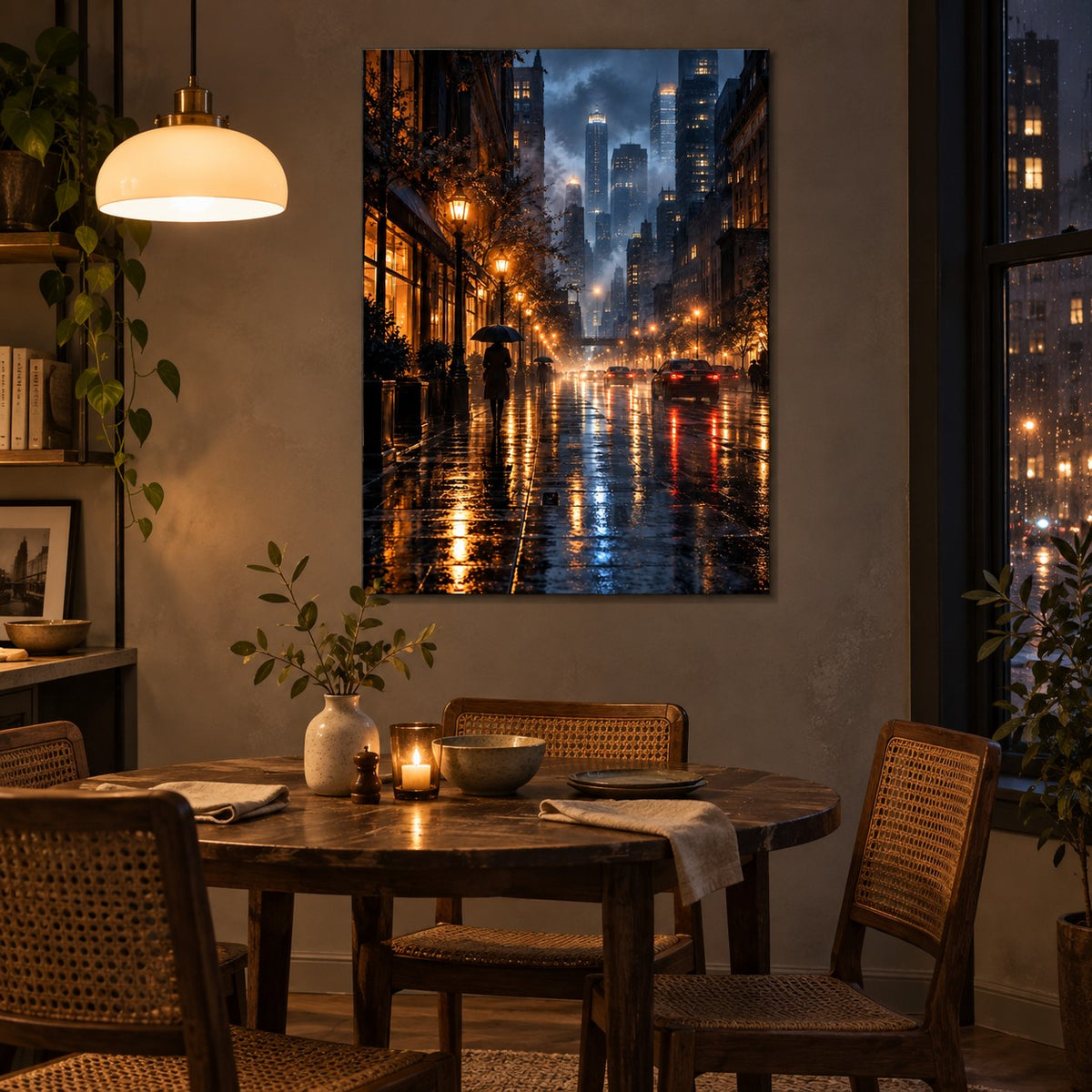 Rainy City Night Landscape Metal Wall Art — city dining nook