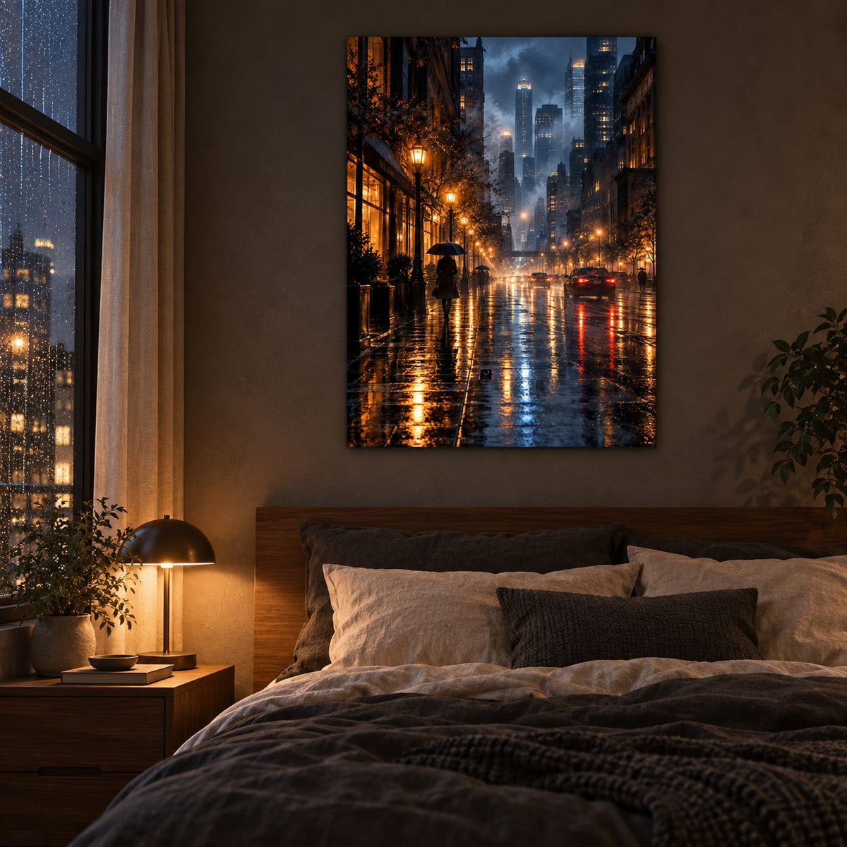 Rainy City Night Landscape Metal Wall Art — city bedroom