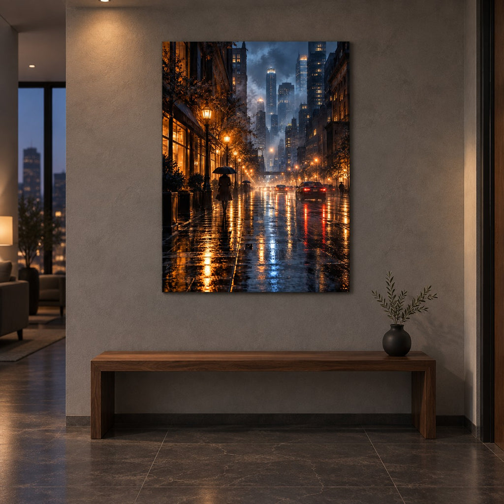 Rainy City Night Landscape Metal Wall Art — apartment gallery