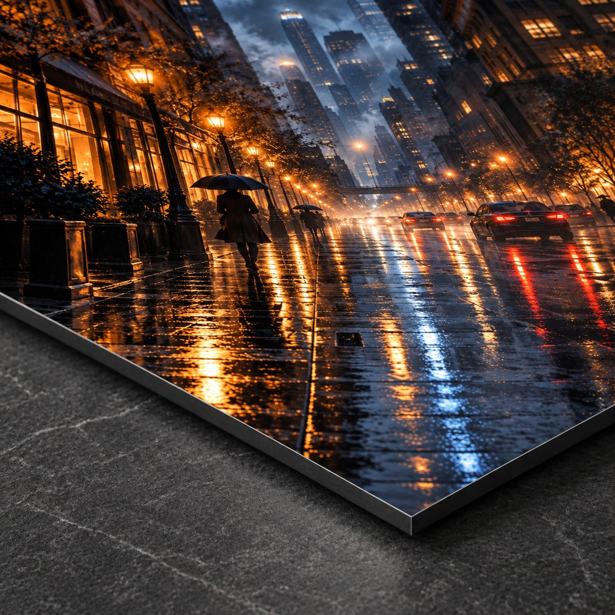 Rainy City Night Landscape Metal Wall Art — closeup bottom corner