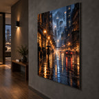 Rainy City Night Landscape Metal Wall Art — side angle hallway