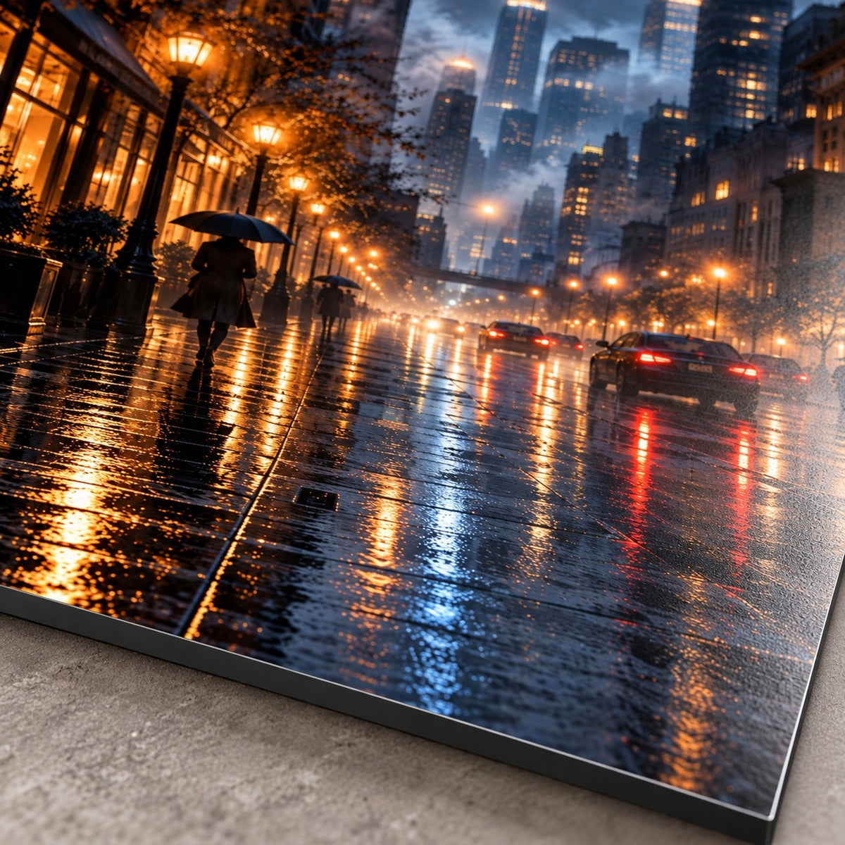 Rainy City Night Landscape Metal Wall Art — macro print surface