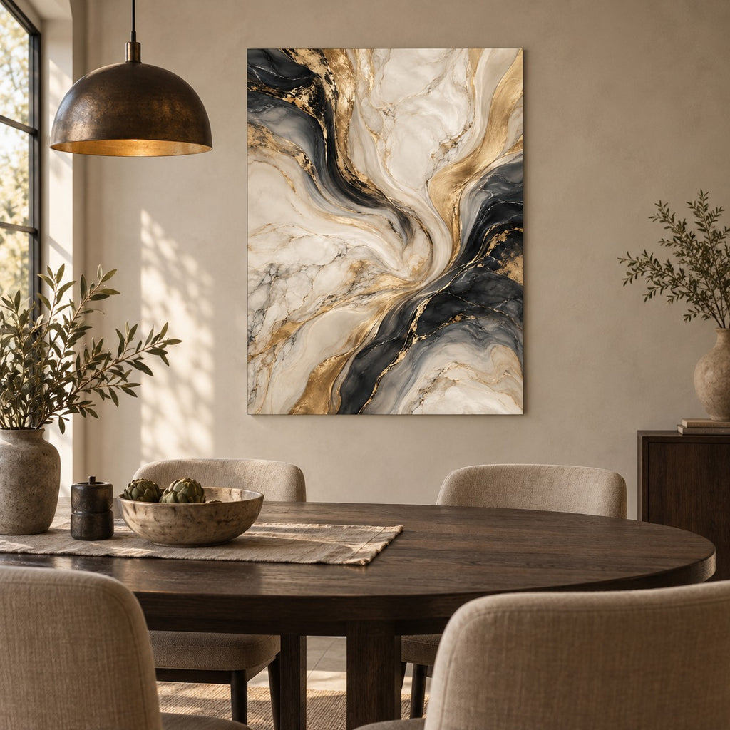 Quiet Luxury Marble Abstract Metal Wall Art — soft dining room