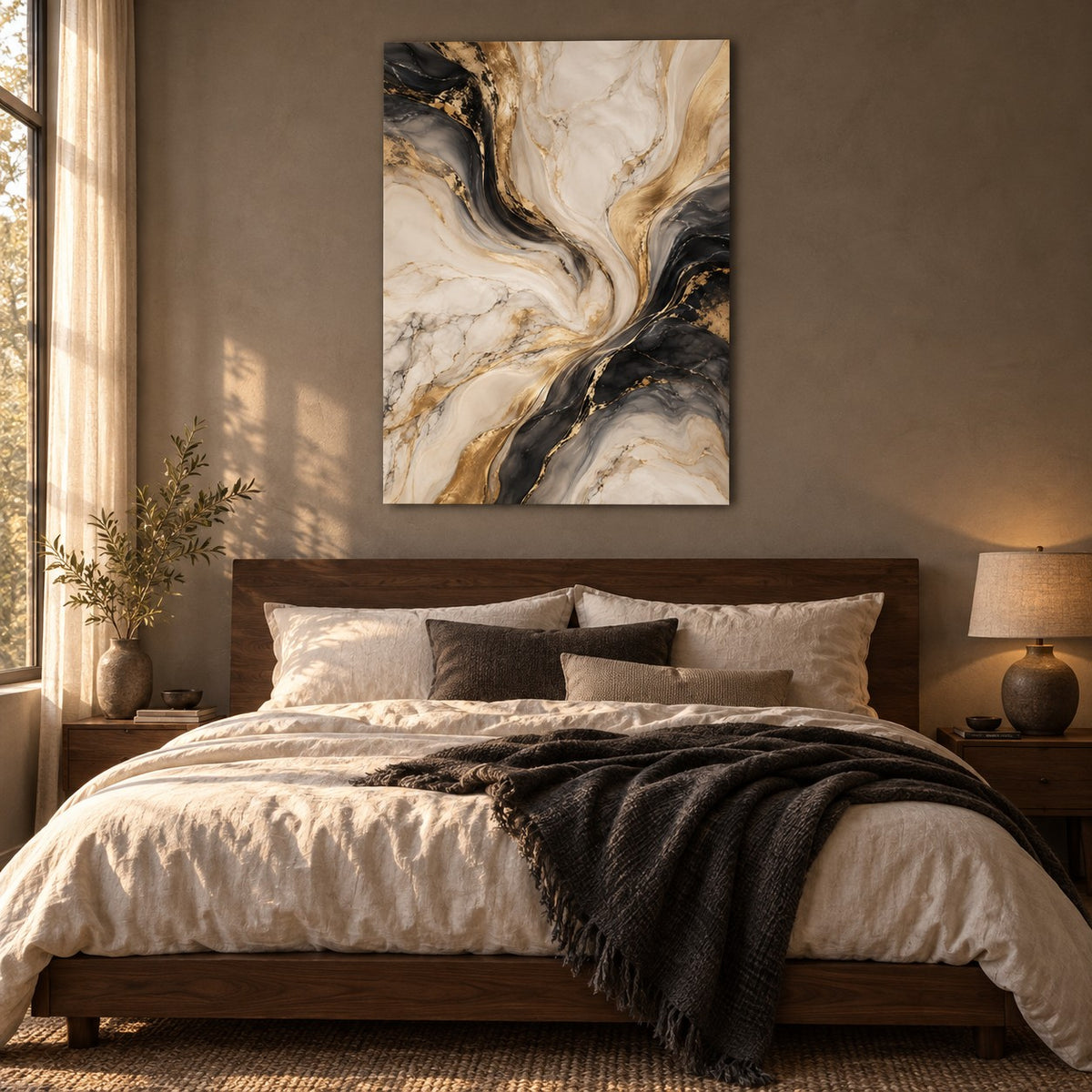 Quiet Luxury Marble Abstract Metal Wall Art — warm bedroom
