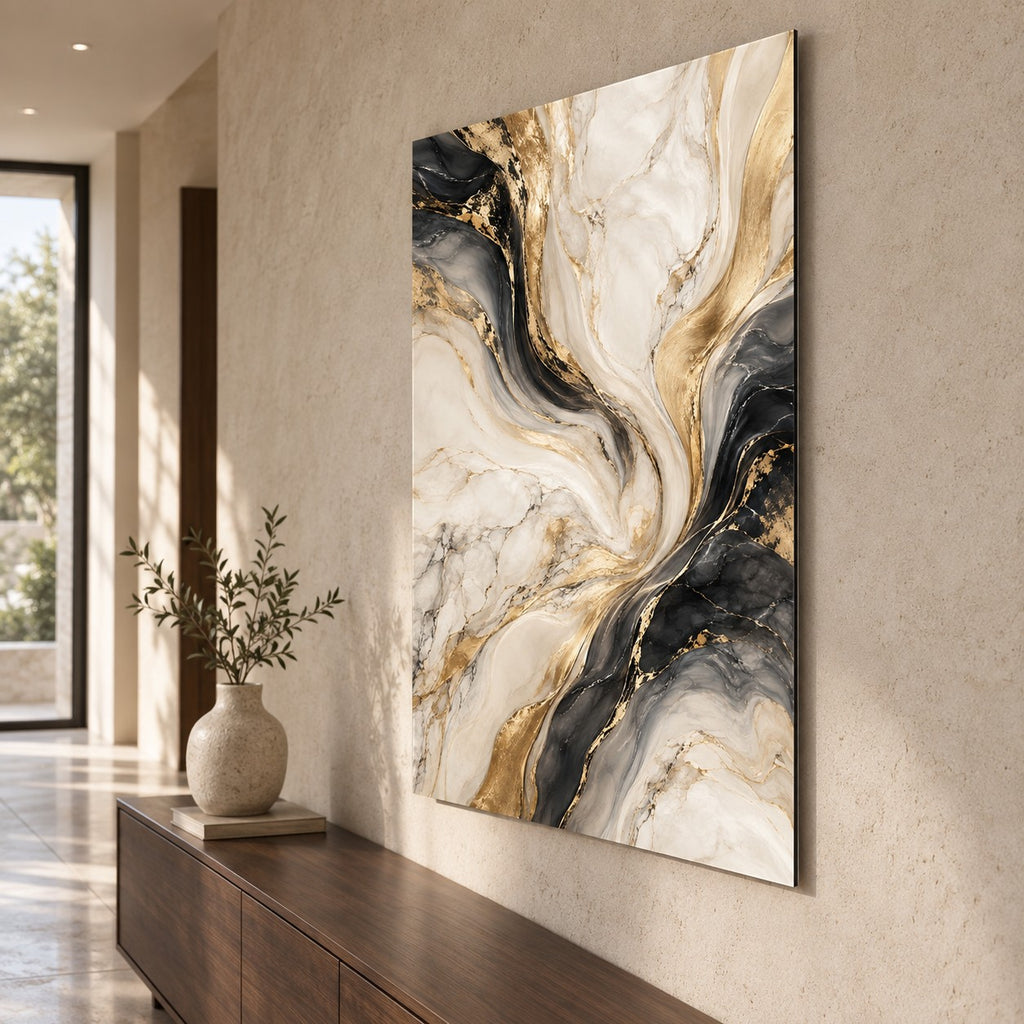 Quiet Luxury Marble Abstract Metal Wall Art — side angle hallway