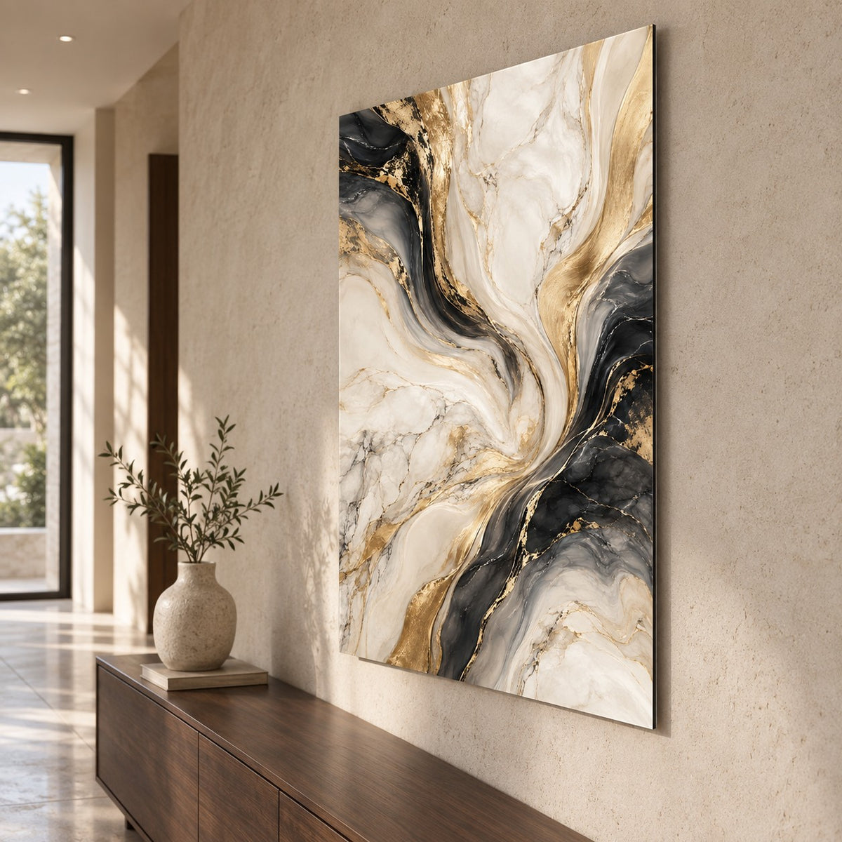 Quiet Luxury Marble Abstract Metal Wall Art — side angle hallway