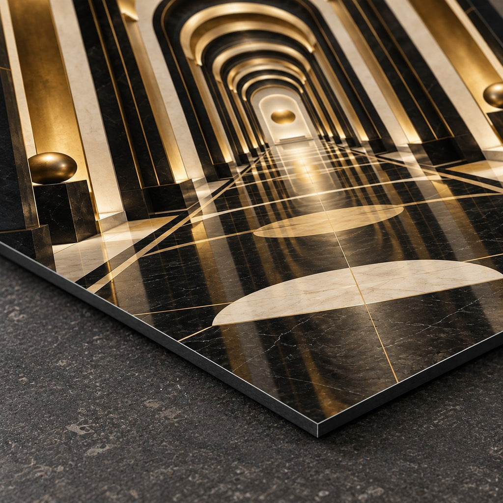 Black Gold Architectural Arches Metal Wall Art — closeup bottom corner