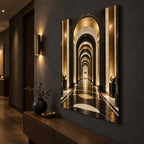 Black Gold Architectural Arches Metal Wall Art — side angle hallway
