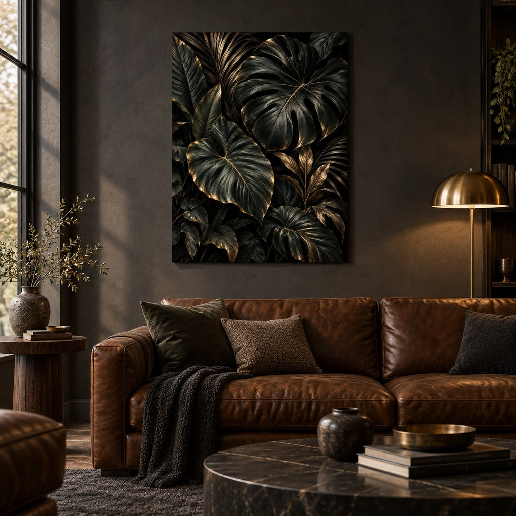 Dark Botanical Luxury Metal Wall Art — dark luxury living room