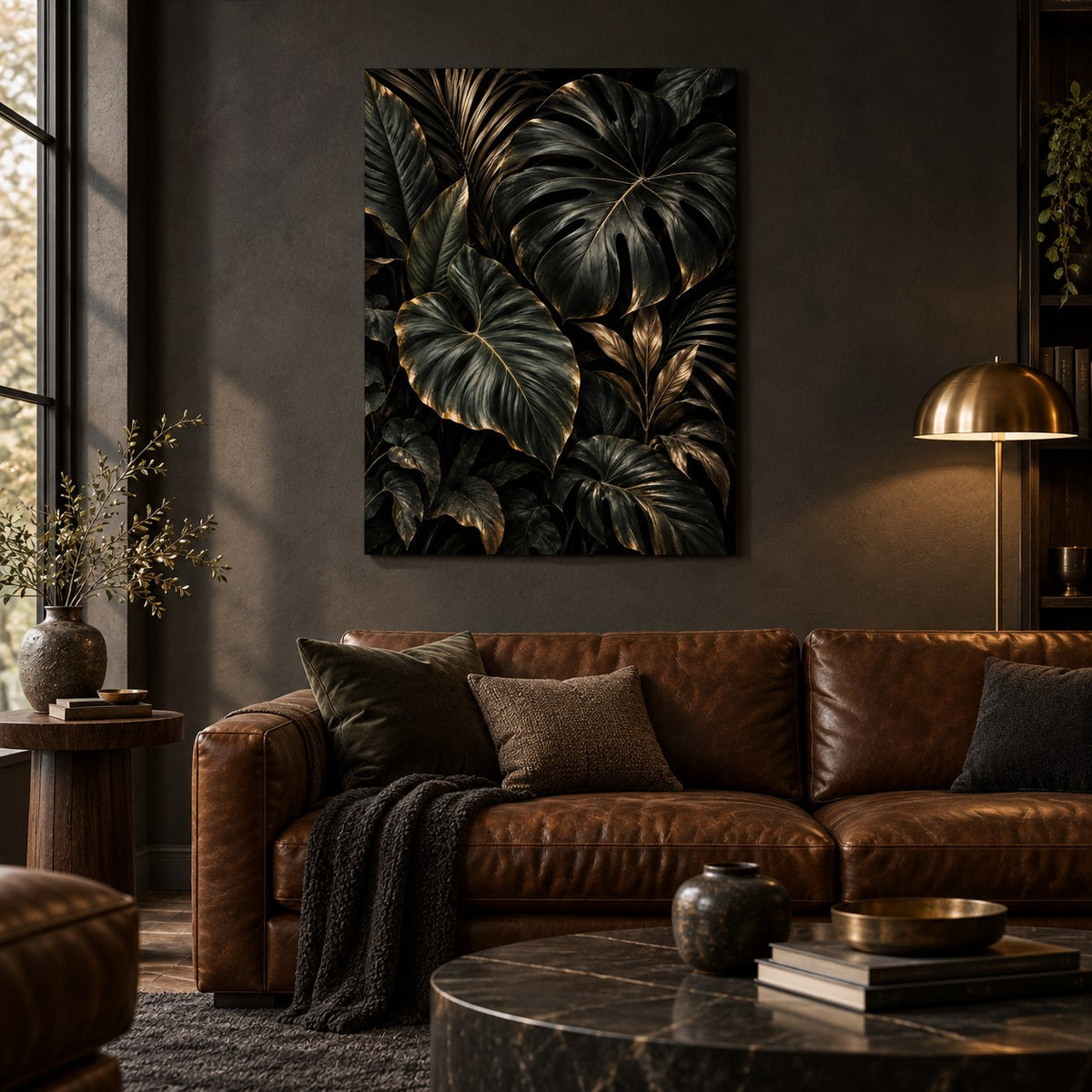 Dark Botanical Luxury Metal Wall Art — dark luxury living room