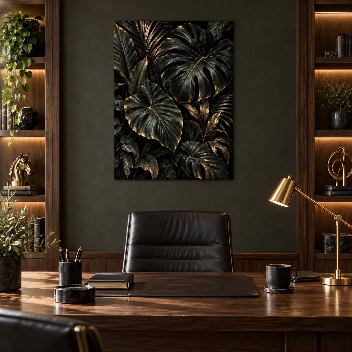Dark Botanical Luxury Metal Wall Art — executive office
