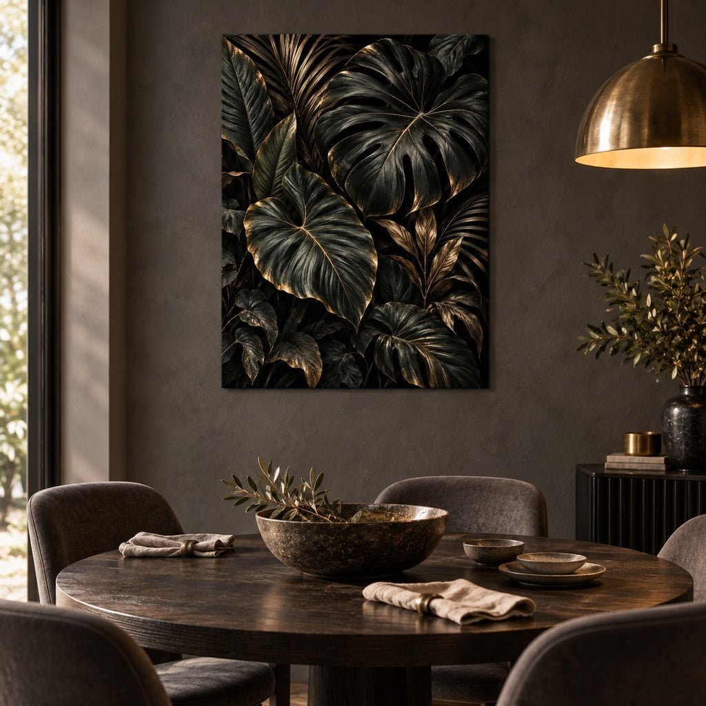 Dark Botanical Luxury Metal Wall Art — elegant dining room