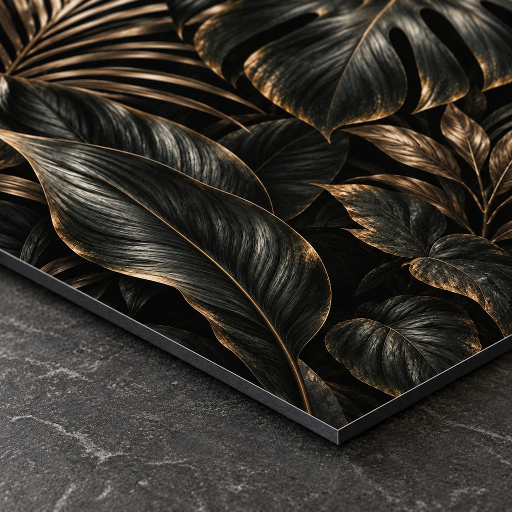 Dark Botanical Luxury Metal Wall Art — closeup bottom corner
