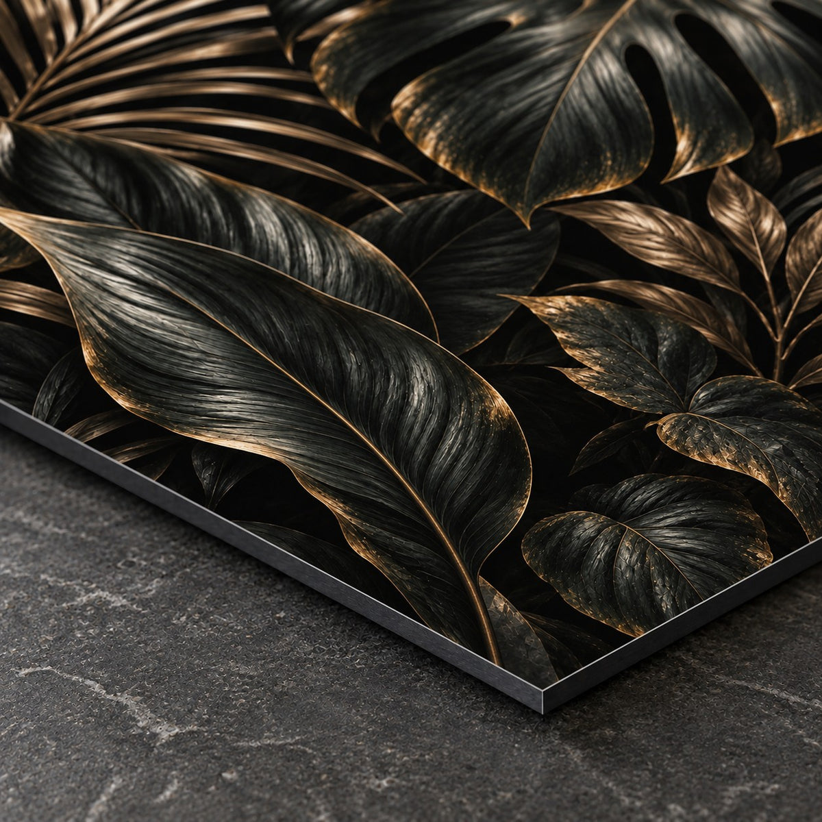 Dark Botanical Luxury Metal Wall Art — closeup bottom corner