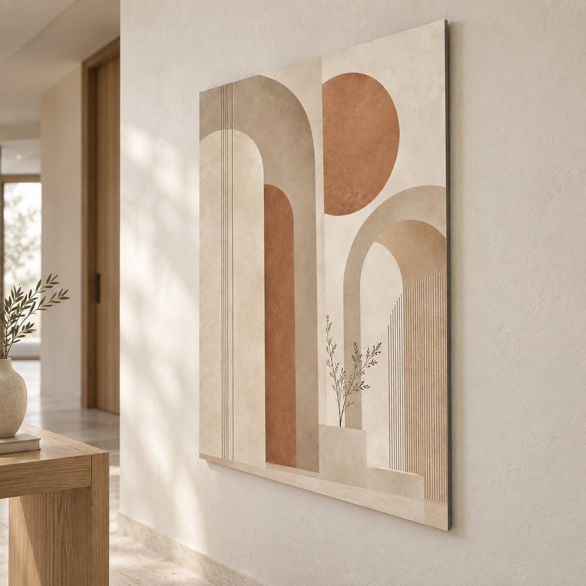 Neutral Japandi Arches Minimalist Metal Wall Art — side angle hallway