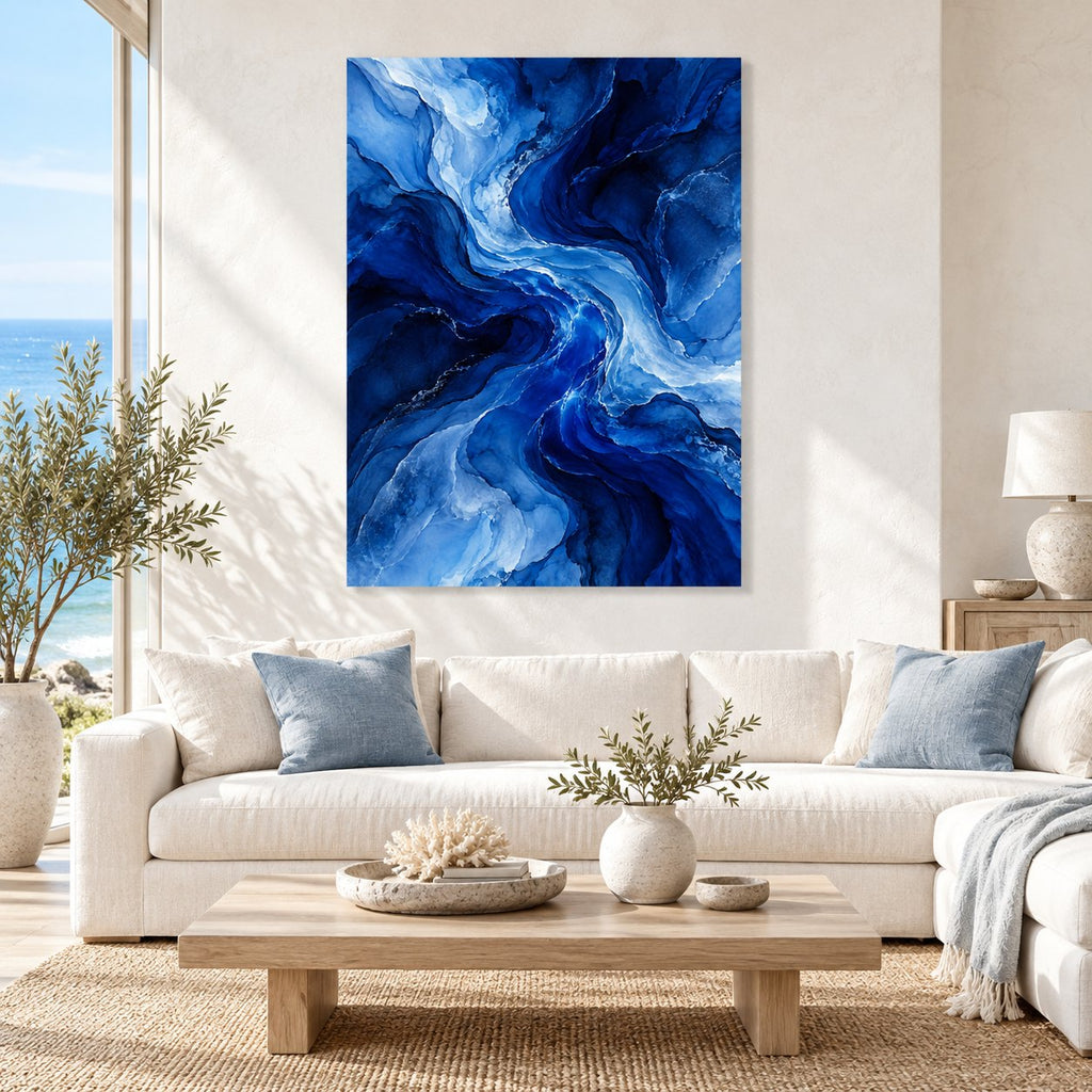 Cobalt Blue Flow Abstract Metal Wall Art — coastal modern living room