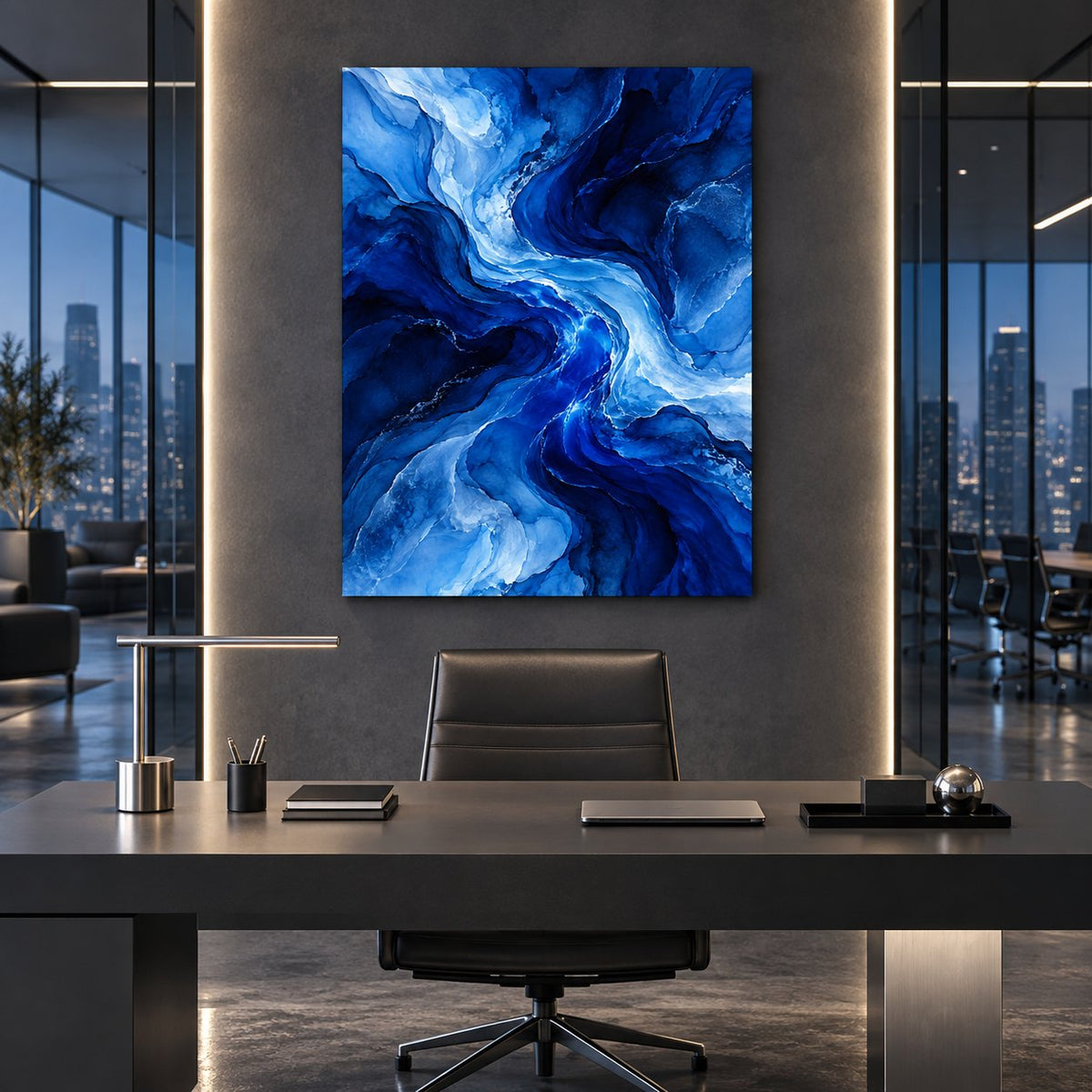 Cobalt Blue Flow Abstract Metal Wall Art — blue glass executive office