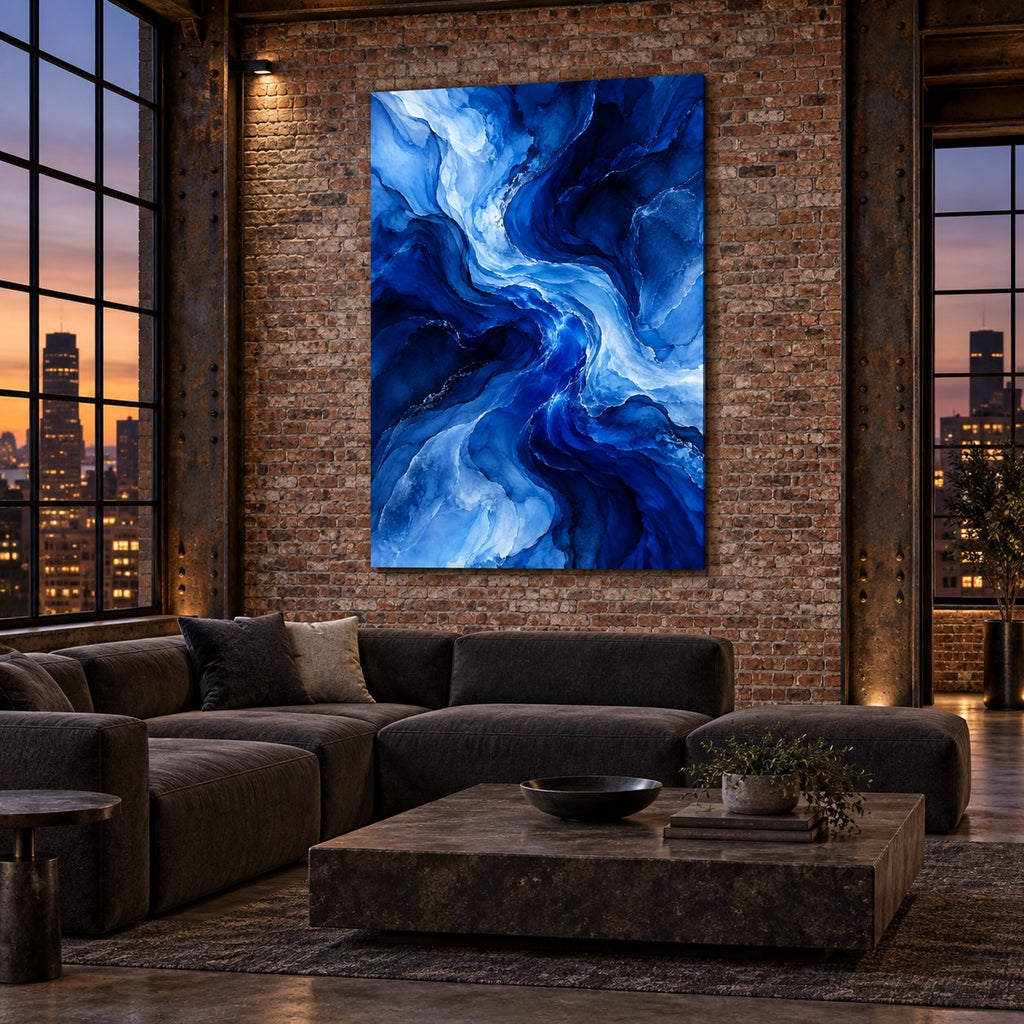 Cobalt Blue Flow Abstract Metal Wall Art — industrial loft lounge