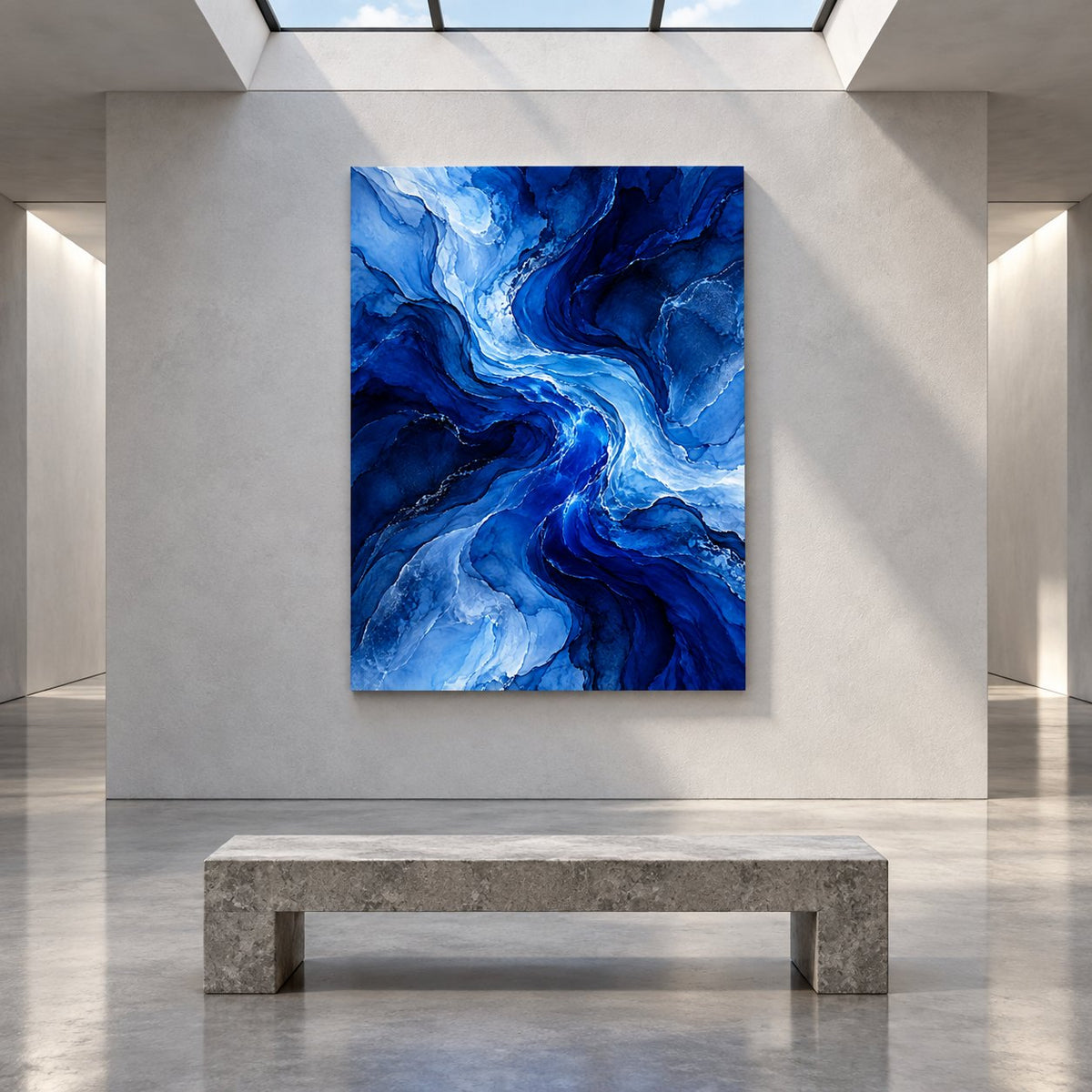 Cobalt Blue Flow Abstract Metal Wall Art — minimalist museum corridor